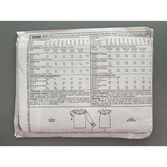 90s McCalls 6996 Misses Tops Sewing Pattern Ruffle Blouses Sizes XS-M UNCUT - Picture 3 of 6